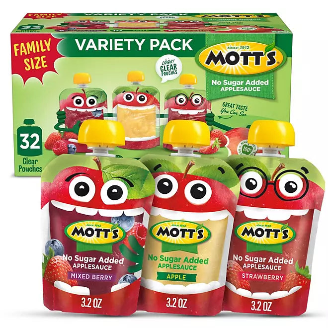 Mott's Apple Sauce No Sugar Added Variety Pack Family Size , 3.2 oz - 32 pack