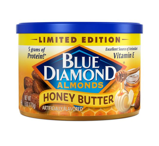 Blue Diamond Almonds, Snack Nut Flavored Honey Butter perfect for on-the-go and snacking, 6 Ounce Can