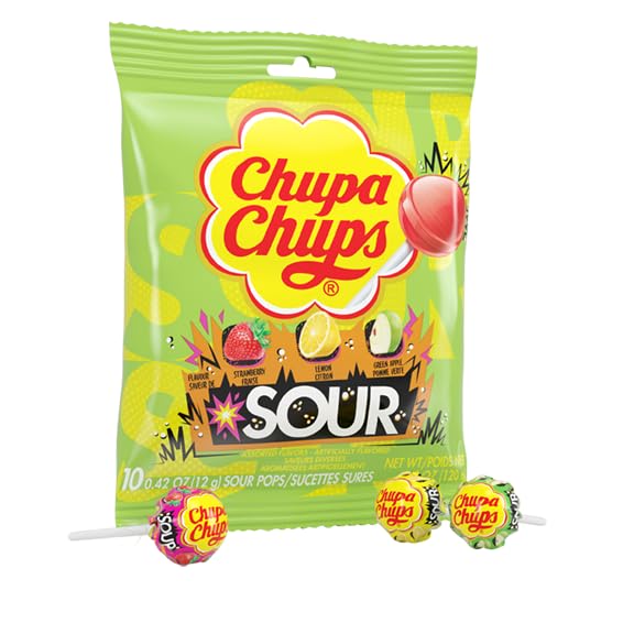 Chupa Chups SOUR Lollipops, Halloween Trick or Treat Candy Variety Pack, Lemon, Strawbery, and Apple Flavored, Individually Wrapped Bulk Sour Candy Suckers for Adults & Kids, 4.2 oz Peg Bag (Pack of 8)