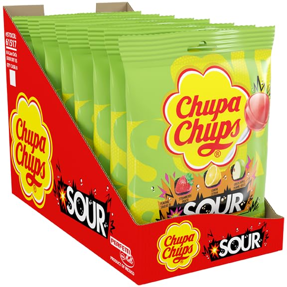 Chupa Chups SOUR Lollipops, Halloween Trick or Treat Candy Variety Pack, Lemon, Strawbery, and Apple Flavored, Individually Wrapped Bulk Sour Candy Suckers for Adults & Kids, 4.2 oz Peg Bag (Pack of 8)