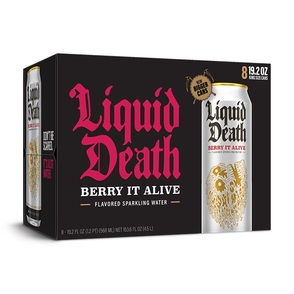 Liquid Death Flavored Sparkling Water with Agave, Berry It Alive, 19.2 oz King Size Cans (8-Pack)