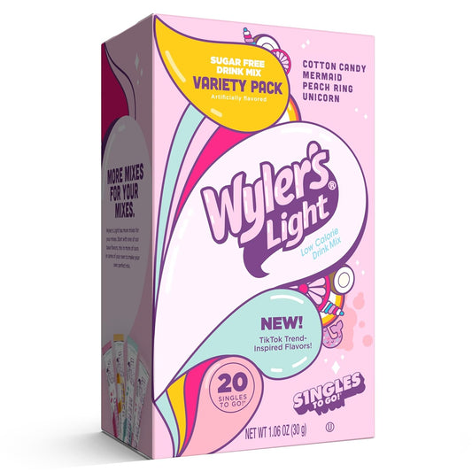 Wyler's Light Singles to Go Powder,Drink Mix, Variety Pack, Watertok Fun Flavors, Cotton Candy, Mermaid, Peach Ring, Unicorn, Sugar & Caffeine Free, On-The-Go, 20 Count