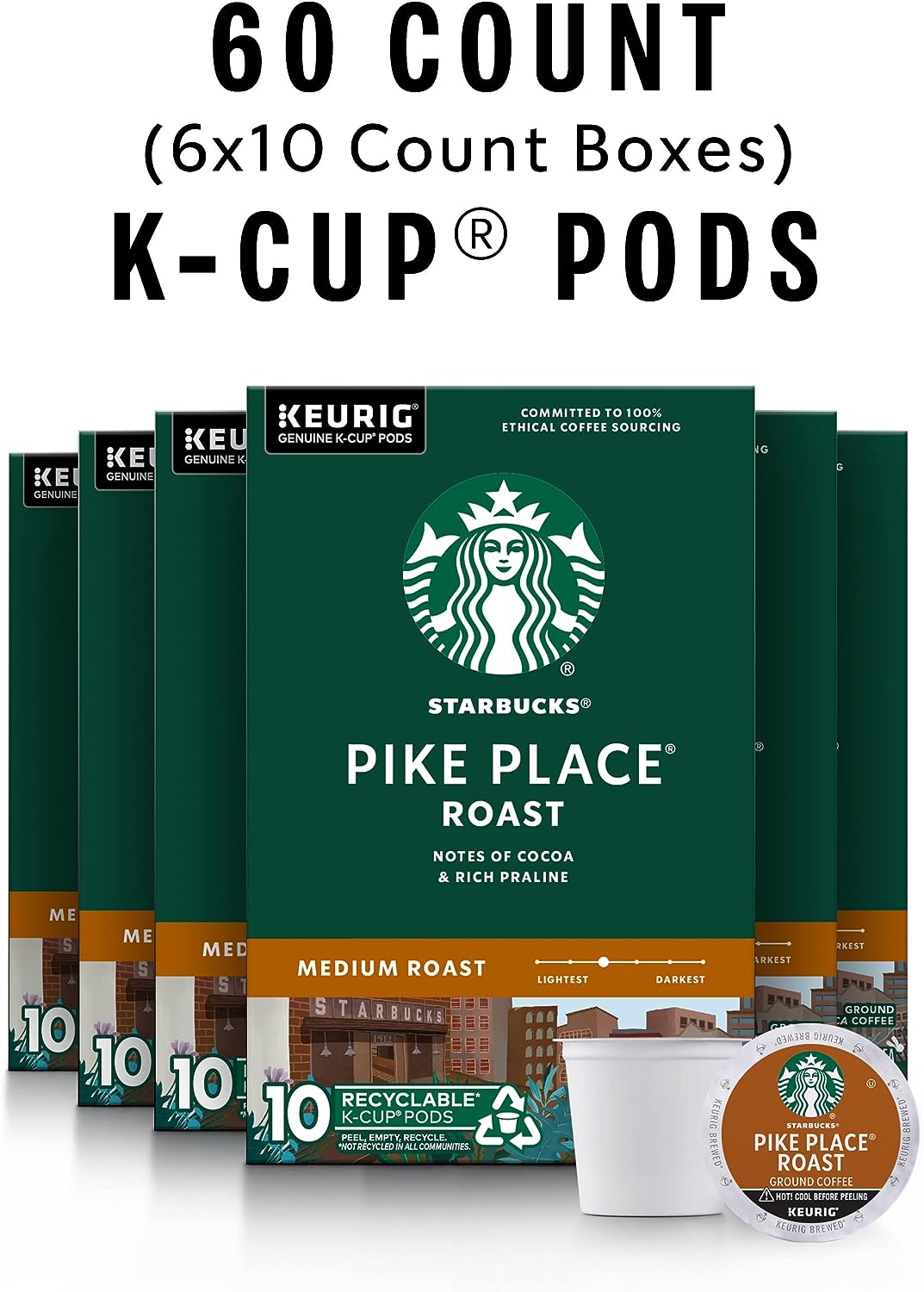 Starbucks K-Cup Coffee Pods—Medium Roast Coffee—Pike Place Roast for Keurig Brewers—100% Arabica—6 boxes - 60 pods