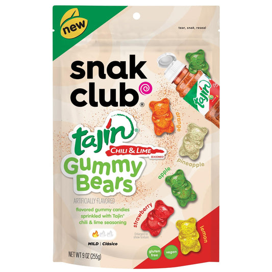 Snak Club Gummy Bears, Tajin Chili & Lime Sweet and Spicy Gummy Candy, Mild in Heat Bold in Flavor, Vegan, Gluten-Free Snack, 9 oz Large Resealable Bag