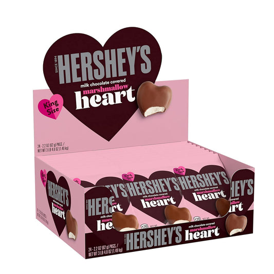 HERSHEY'S Milk Chocolate Covered Marshmallow Heart, Valentine's Day Candy Packs, 2.2 oz (24 Count)