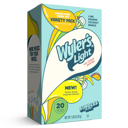 Wyler's Light Singles to Go Powder Packets, Water Drink Mix, Variety Pack, Lime, Banana, Coconut, Mango, Watertok Base Flavors, Sugar & Caffeine Free, On-The-Go, 20 Count (Pack - 1)