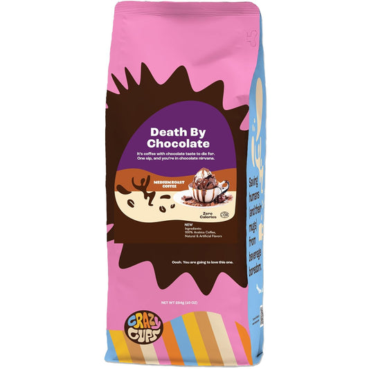 Crazy Cups Flavored Ground Chocolate Coffee, Death By Chocolate Coffee in 10 oz Bag, For Brewing Flavored Hot or Iced Coffee