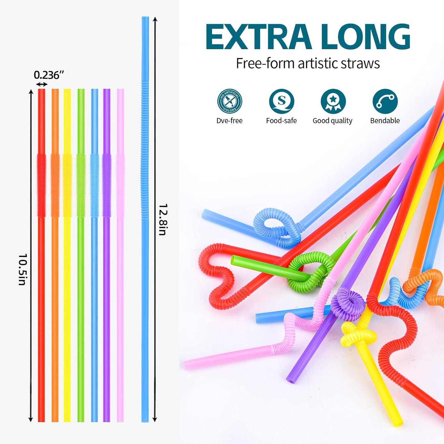 Extra Long Individually Wrapped Straws - 100 Straws Colorful  , 13 Inch Extra - Meets Canadian Regulation for Health