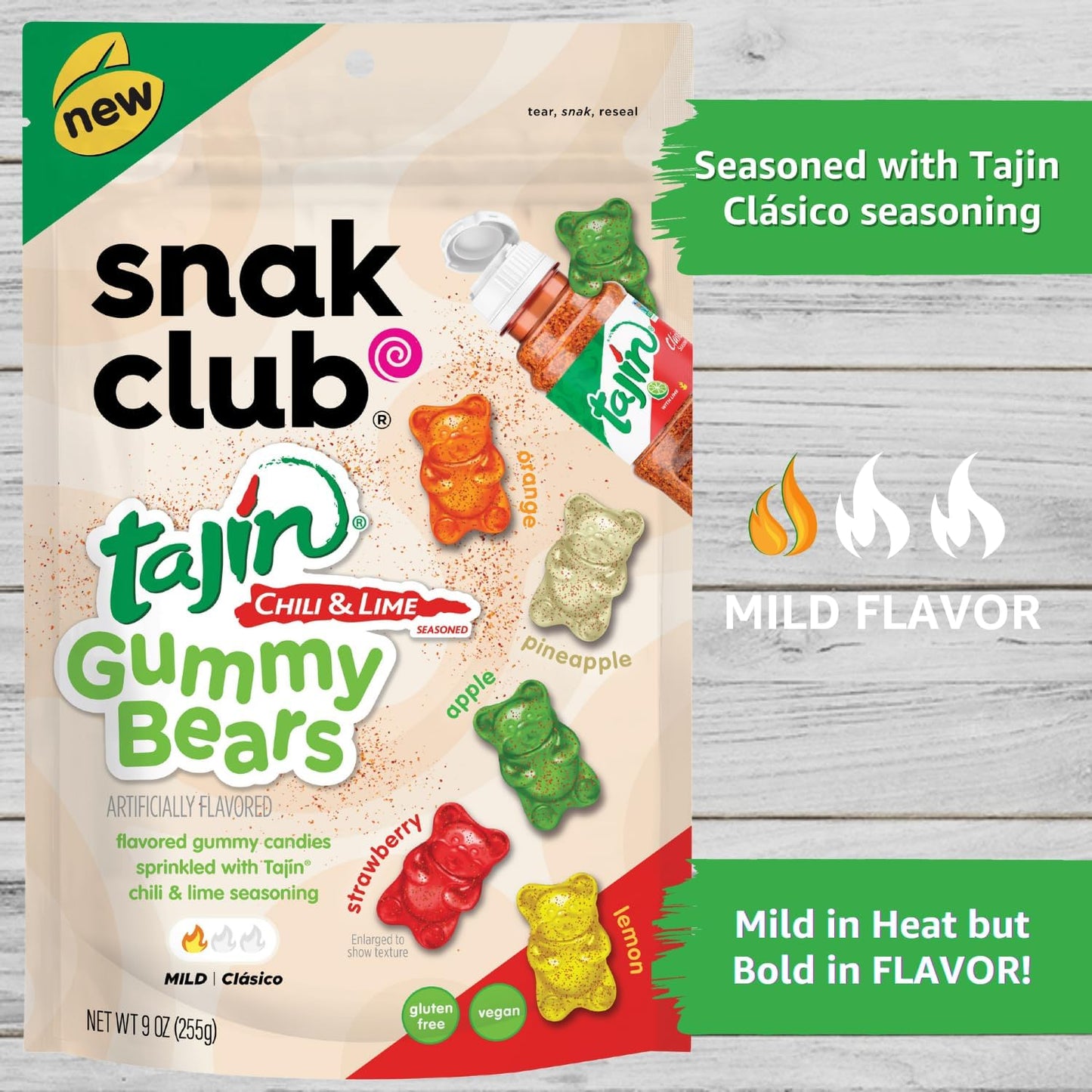 Snak Club Gummy Bears, Tajin Chili & Lime Sweet and Spicy Gummy Candy, Mild in Heat Bold in Flavor, Vegan, Gluten-Free Snack, 9 oz Large Resealable Bag