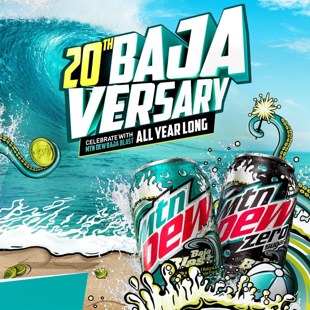 Mountain Dew, 2 Flavor Baja Blast Variety Pack - Baja Blast, Original Dew - 12 Fl Oz Cans (Pack of 18)