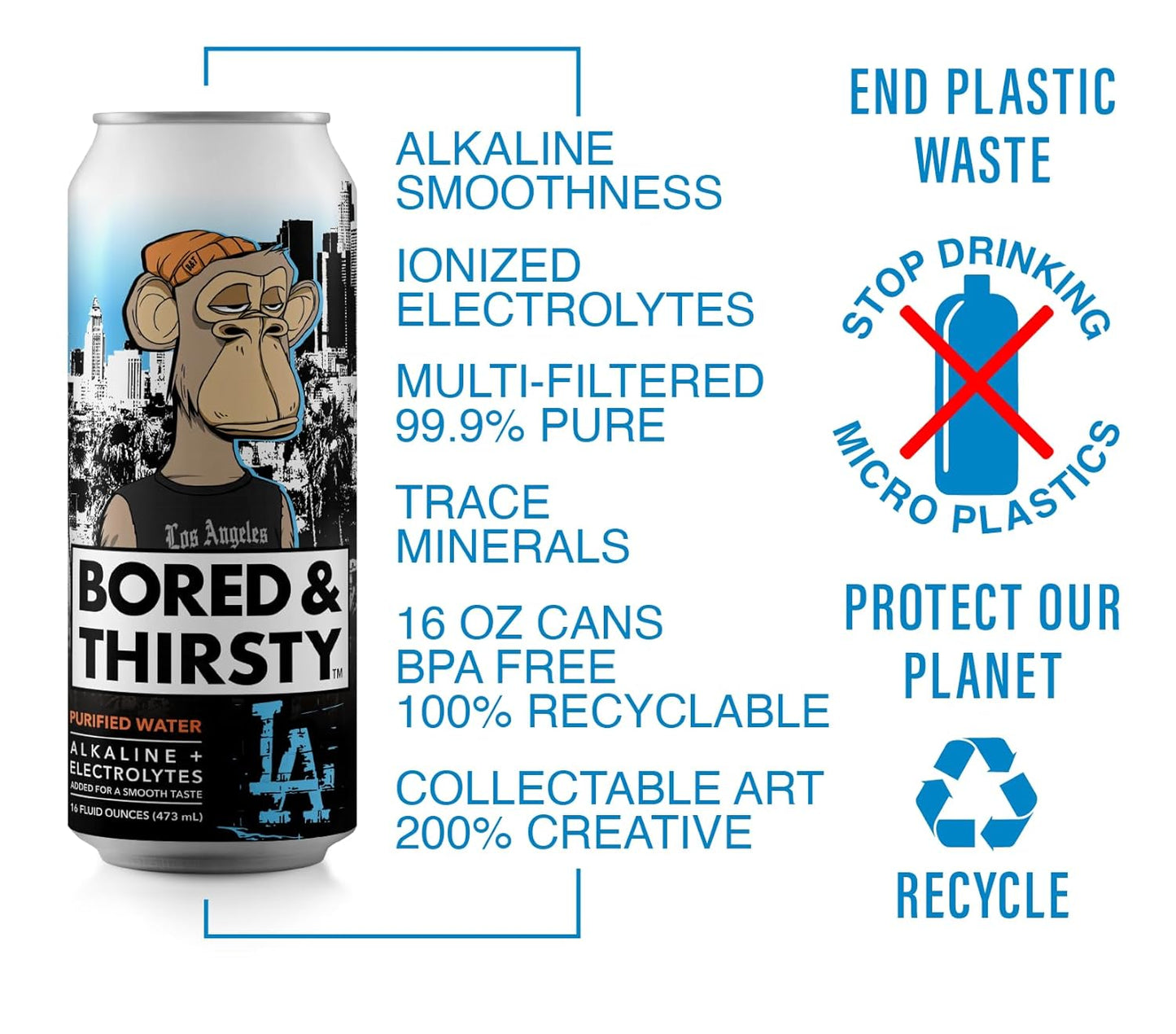 Bored & Thirsty Ionized Alkaline Water with Electrolytes & Trace Minerals for a Smooth Taste. Limited Edition Art Collabs 100% Recyclable 16 Fl Oz Aluminum Cans (4 Pack).