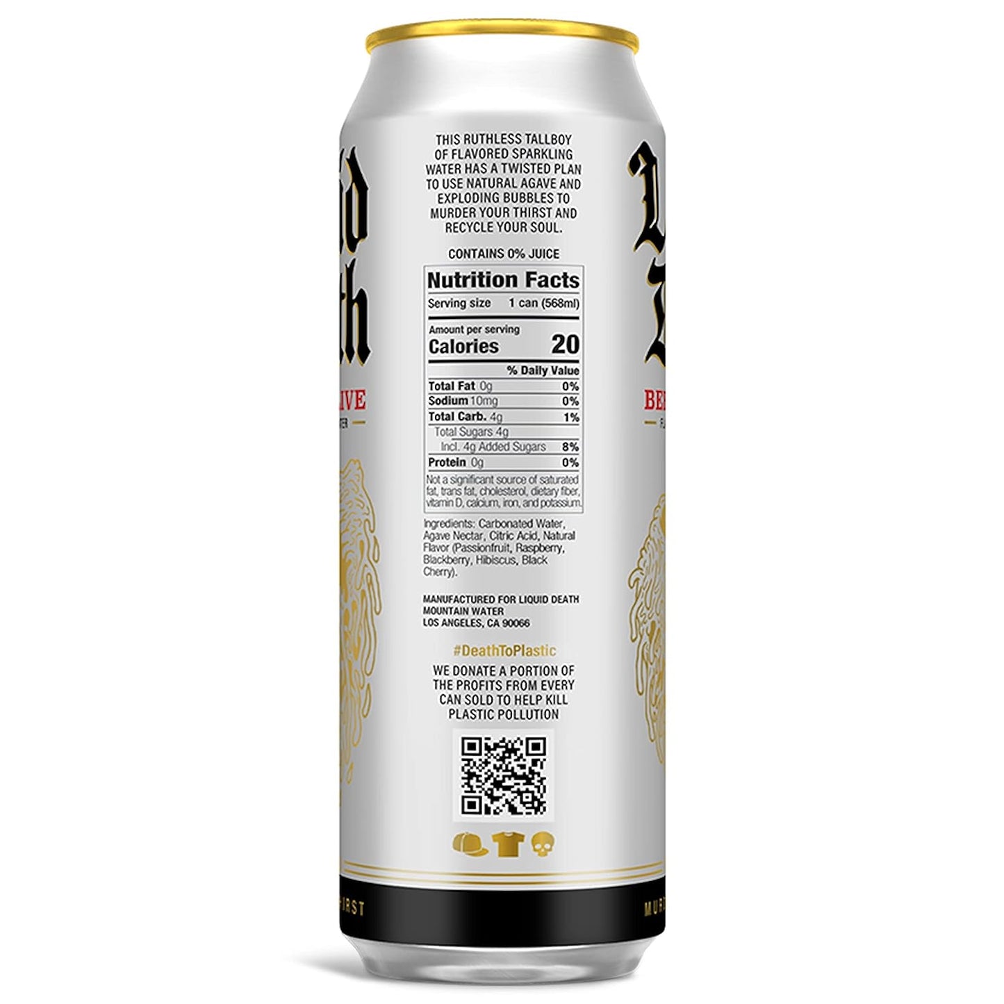 Liquid Death Flavored Sparkling Water with Agave, Berry It Alive, 19.2 oz King Size Cans (8-Pack)