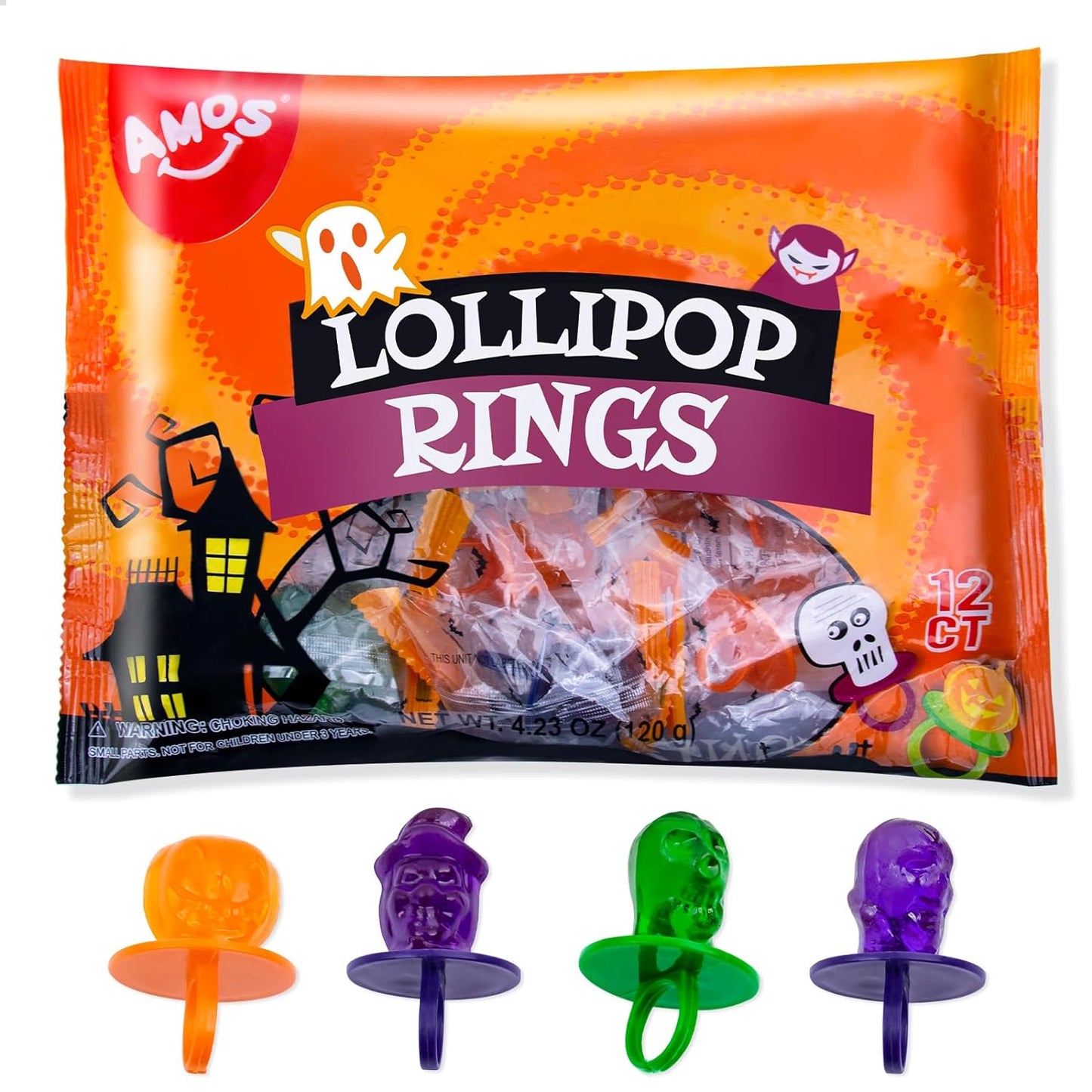 AMOS Lollipop Finger Rings,Individually Wrapped Halloween Candy Pops Ring Sucker- Great for Holiday Gift,12 Count