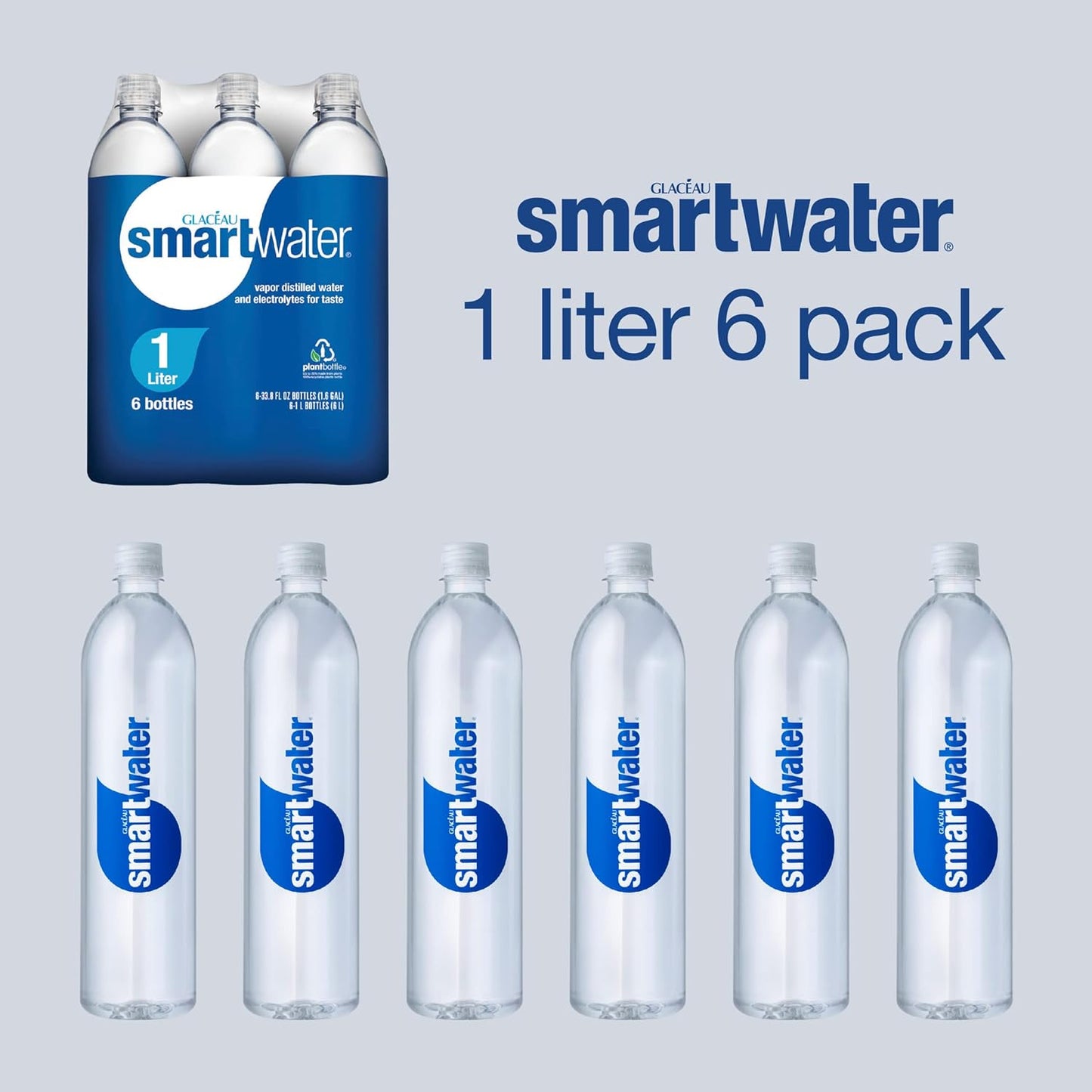 smartwater vapor distilled premium water bottles, 1 L, 6 Pack