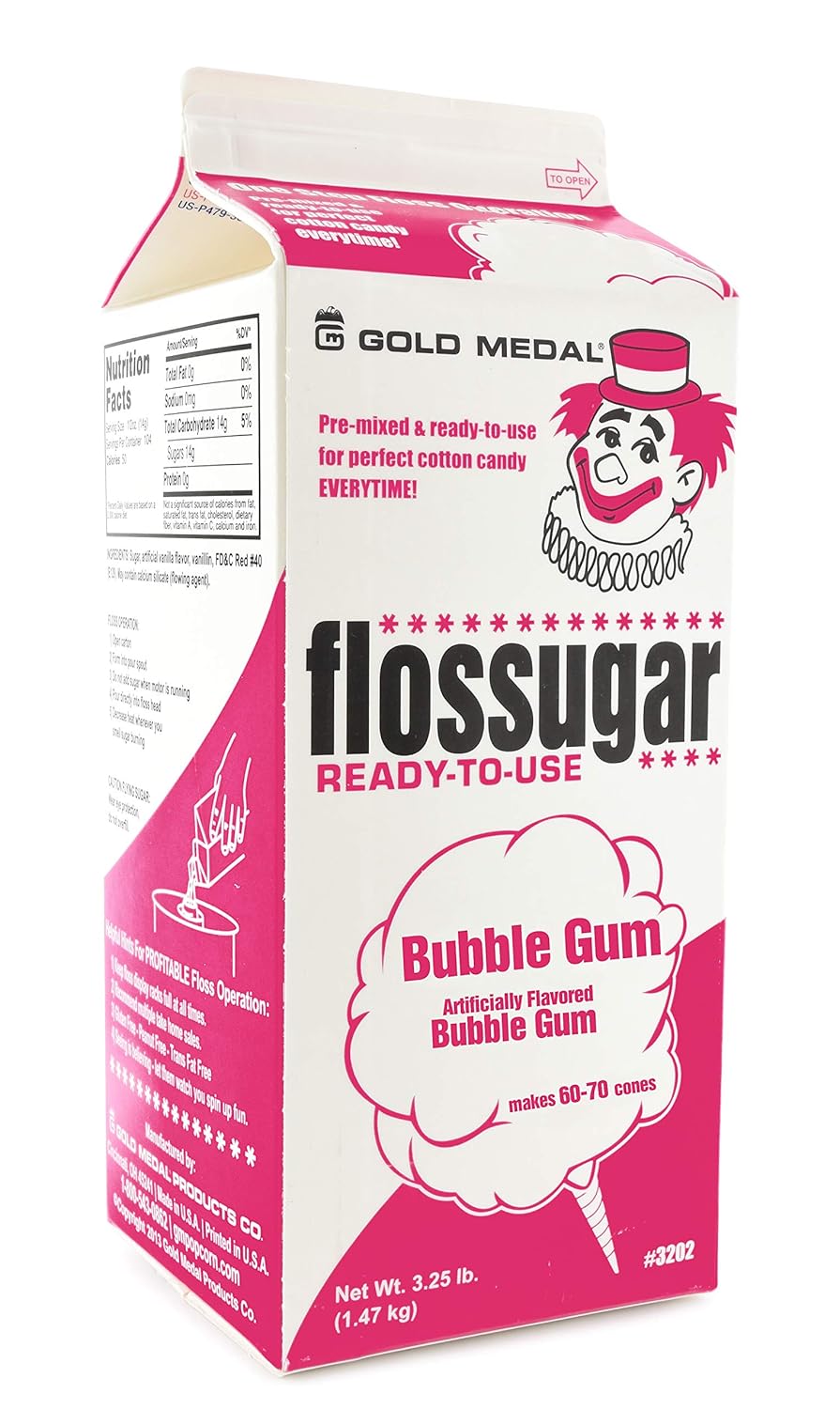 Gold Medal 3208 Bubble Gum Candy Floss sugar, 3.25 lb Carton - Cotton Candy