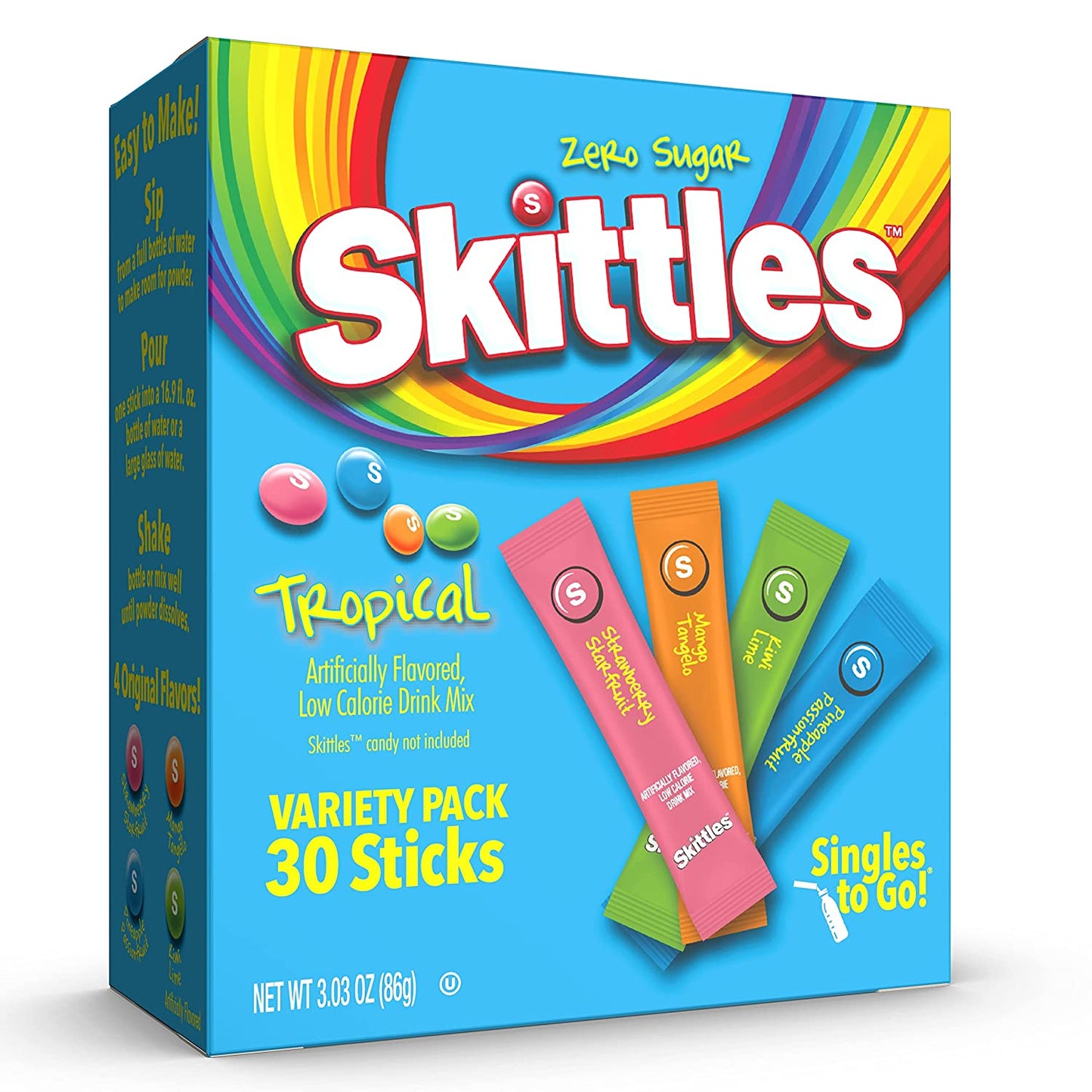 Skittles Singles To Go Tropical Flavors Variety Pack, Powdered Drink Mix, Includes 4 Flavors, Strawberry Starfruit, Mango Tangelo, Kiwi Lime, Pineapple Passionfruit, 1 Box (30 Single Servings)