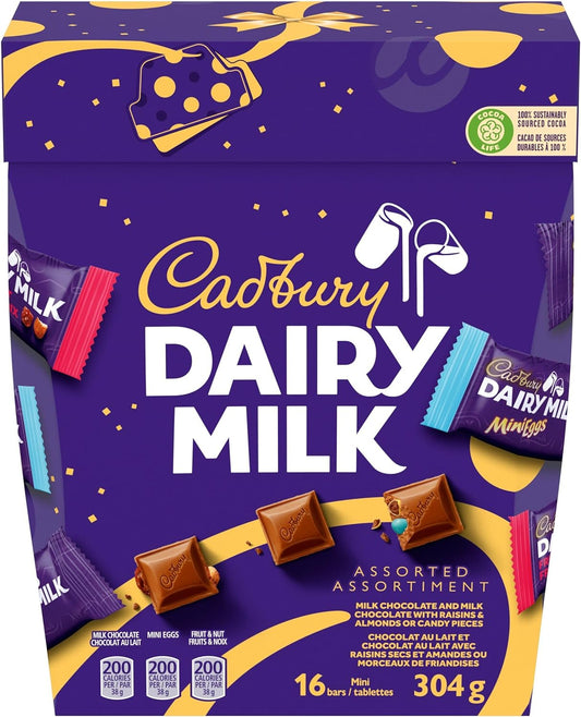 Cadbury Dairy Milk, Assorted Chocolate Gift Box (Milk Chocolate, Mini Eggs, Fruit and Nut), Holiday Gift, Holiday Chocolate, 304 g (16 Mini Bars)