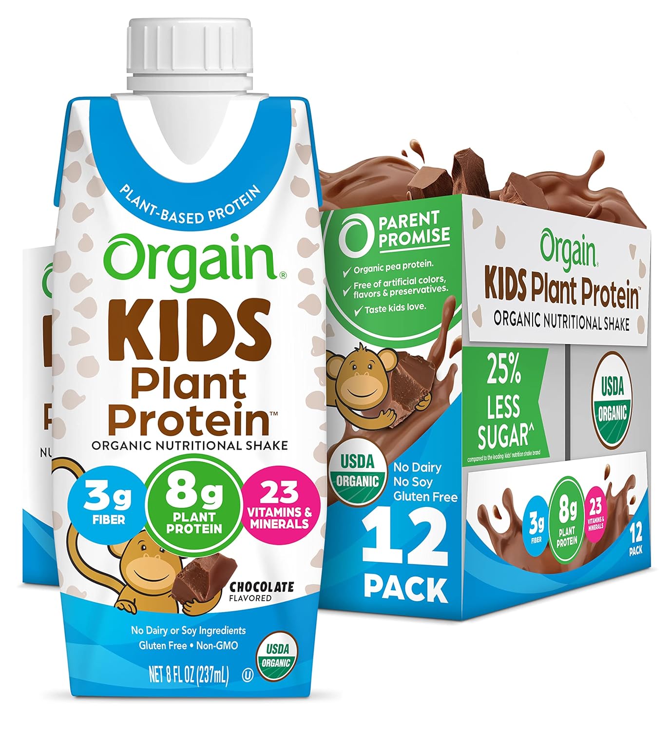 Orgain Organic Kids Nutritional Vegan Protein Shake, Chocolate - Healthy Kids Snacks, 8g Plant Protein, 23 Vitamins & Minerals, 3g Fiber, No Dairy & Soy Ingredients, Non-GMO, 8 Fl Oz (Pack of 12)