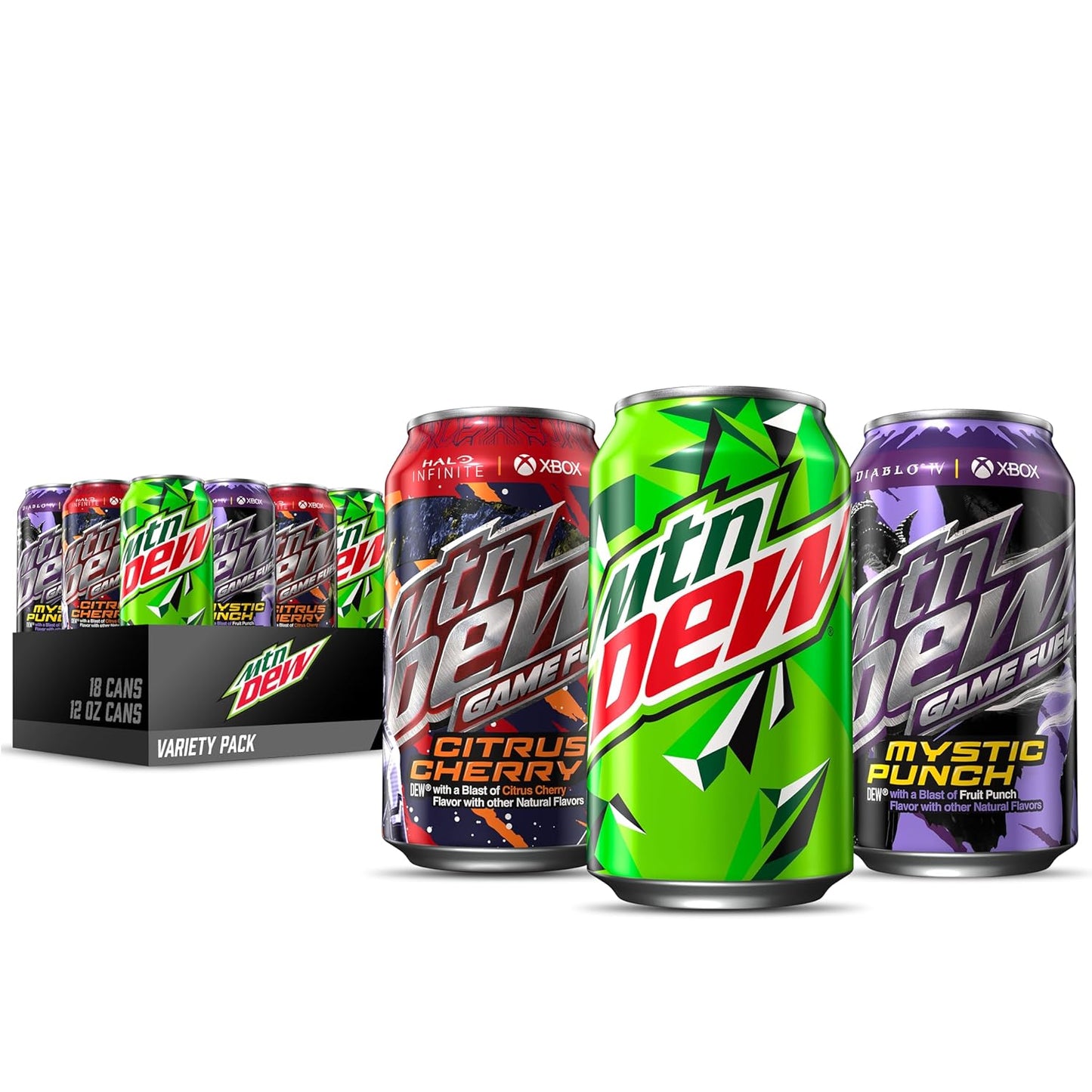 Mountain Dew Game Fuel 3 Flavor Variety Pack (Citrus Cherry, Mystic Punch, Original Dew), 12 Fl Oz (Pack of 18), Limited Time Offer