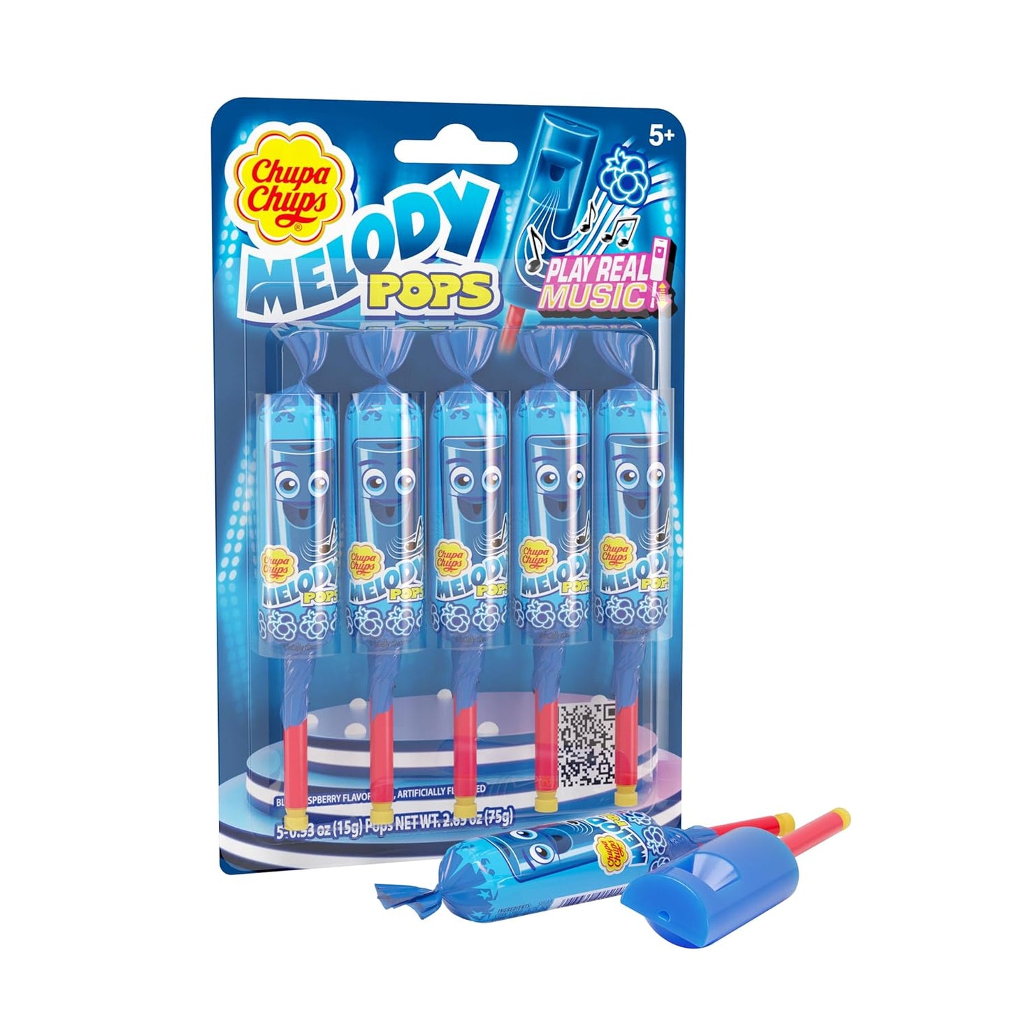 Chupa Chups Melody Pop, Blue Raspberry Flavor, Whistle Lollipops, Individually Wrapped Suckers, 5 Count Pack