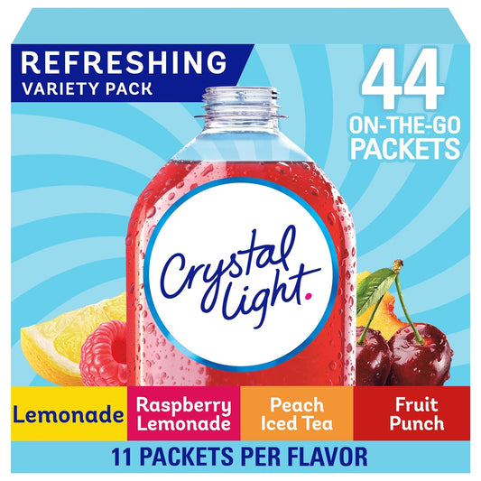 Crystal Light Lemonade, Raspberry Lemonade, Peach iced Tea, & Fruit Punch Powdered Drink Mix Singles Variety (44 Sticks - Individual Packets)