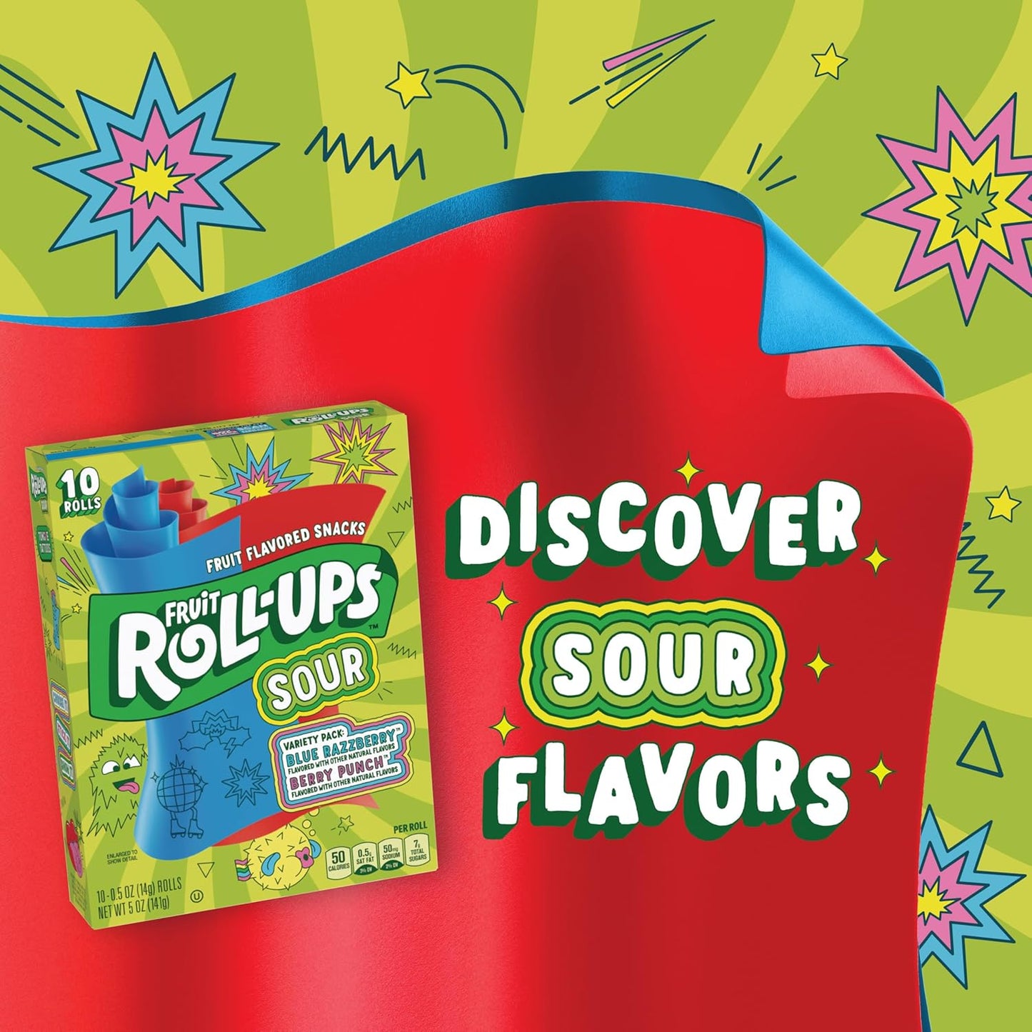 NEW ! Fruit Roll-Ups SOUR , Blue Razzberry & Berry Punch Flavors, Variety Pack 5 oz (10 Count)