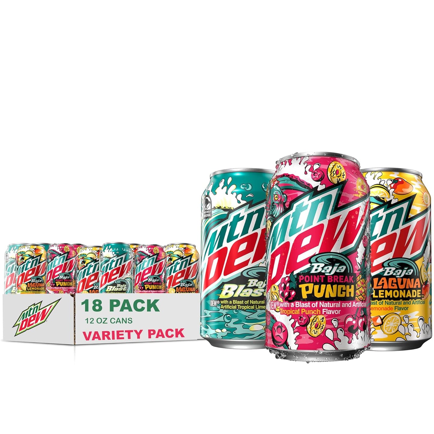 Mountain Dew Soda, 3 Flavor Variety Pack (Baja Blast, Baja Laguna Lemonade, Baja Point Break Punch), 12 Fl Oz Cans (Pack of 18) - Limited Edition