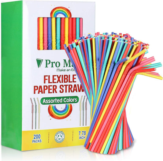 200 Pack Paper Drinking Straws Biodegradable, Flexible Straws Bulk- Disposable& Eco-Friendly Straw