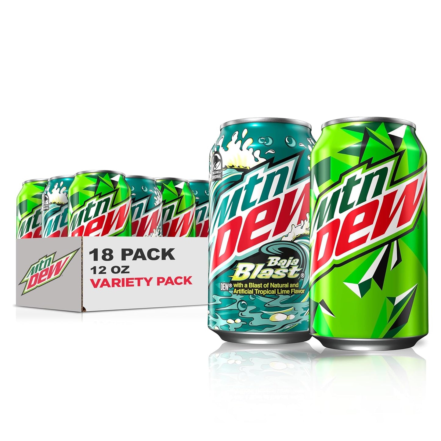 Mountain Dew, 2 Flavor Baja Blast Variety Pack - Baja Blast, Original Dew - 12 Fl Oz Cans (Pack of 18)