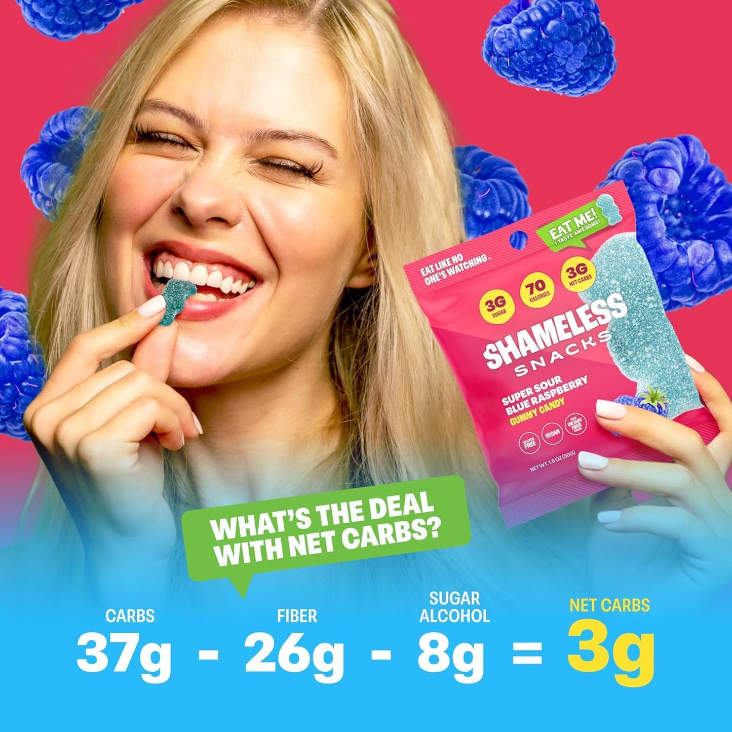 Shameless Snacks - Healthy Low Calorie Snacks, Low Carb Keto Gummies (Gluten Free Candy) - 6 Pack Sour Blue Raspberry