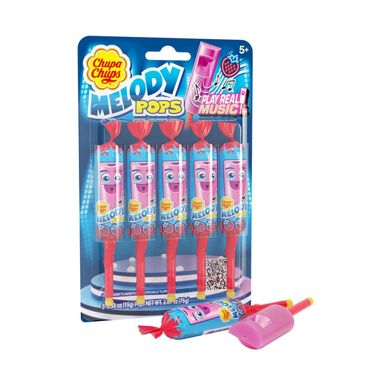 Chupa Chups Melody Pop, Strawberry Flavor, Whistle Lollipops, Individually Wrapped Candy Suckers, 5 Count Pack