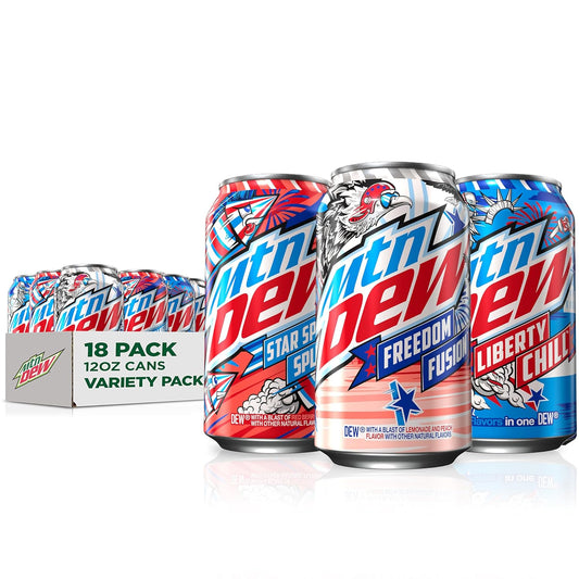 Mountain Dew, Red, White & Blue Summer, 3 Flavor Variety Pack, 12 Fl Oz Cans (Pack of 18)