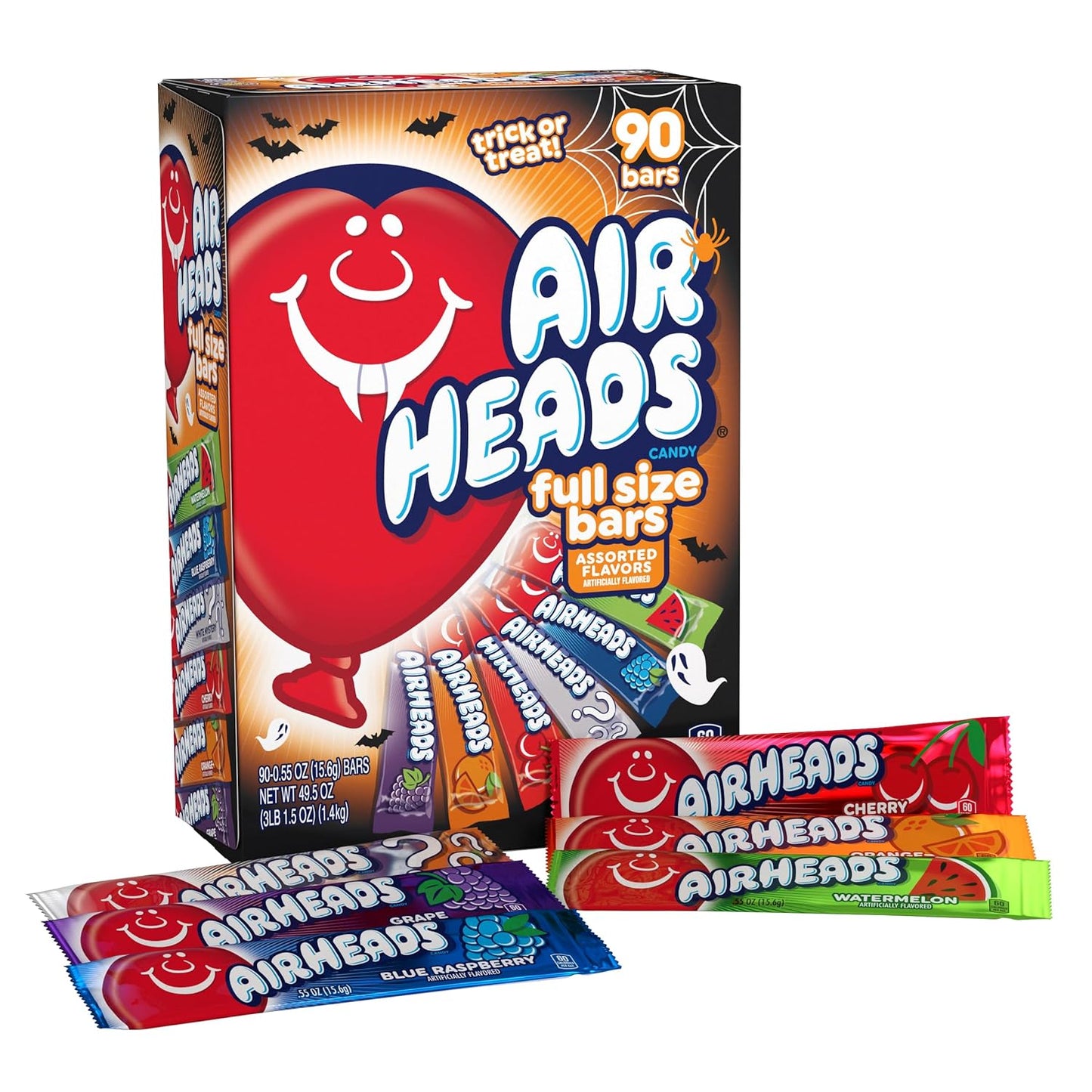 Airheads Candy Bars, Halloween Variety Box, Chewy Full Size Fruit Taffy, Trick or Treat Mega Box, 90 Individually Wrapped Full Size Bars (Packaging May Vary)