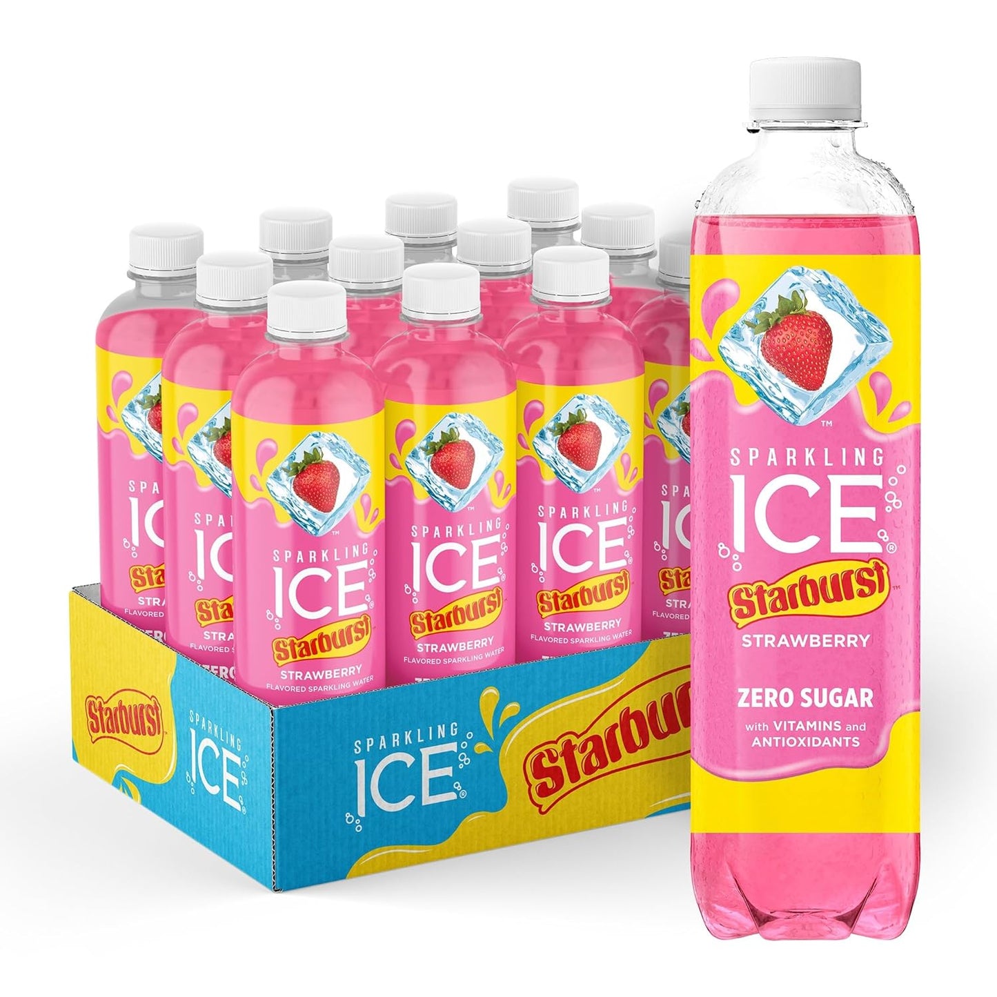 Sparkling Ice STARBURST Strawberry, Zero Sugar Flavored Sparkling Water, with Vitamins and Antioxidants, Low Calorie Beverage, 17 fl oz Bottles (Pack of 12)