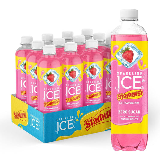 Sparkling Ice STARBURST Strawberry, Zero Sugar Flavored Sparkling Water, with Vitamins and Antioxidants, Low Calorie Beverage, 17 fl oz Bottles (Pack of 12)