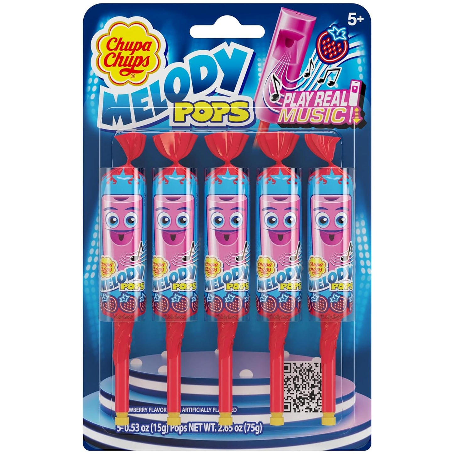 Chupa Chups Melody Pop, Strawberry Flavor, Whistle Lollipops, Individually Wrapped Candy Suckers, 5 Count Pack