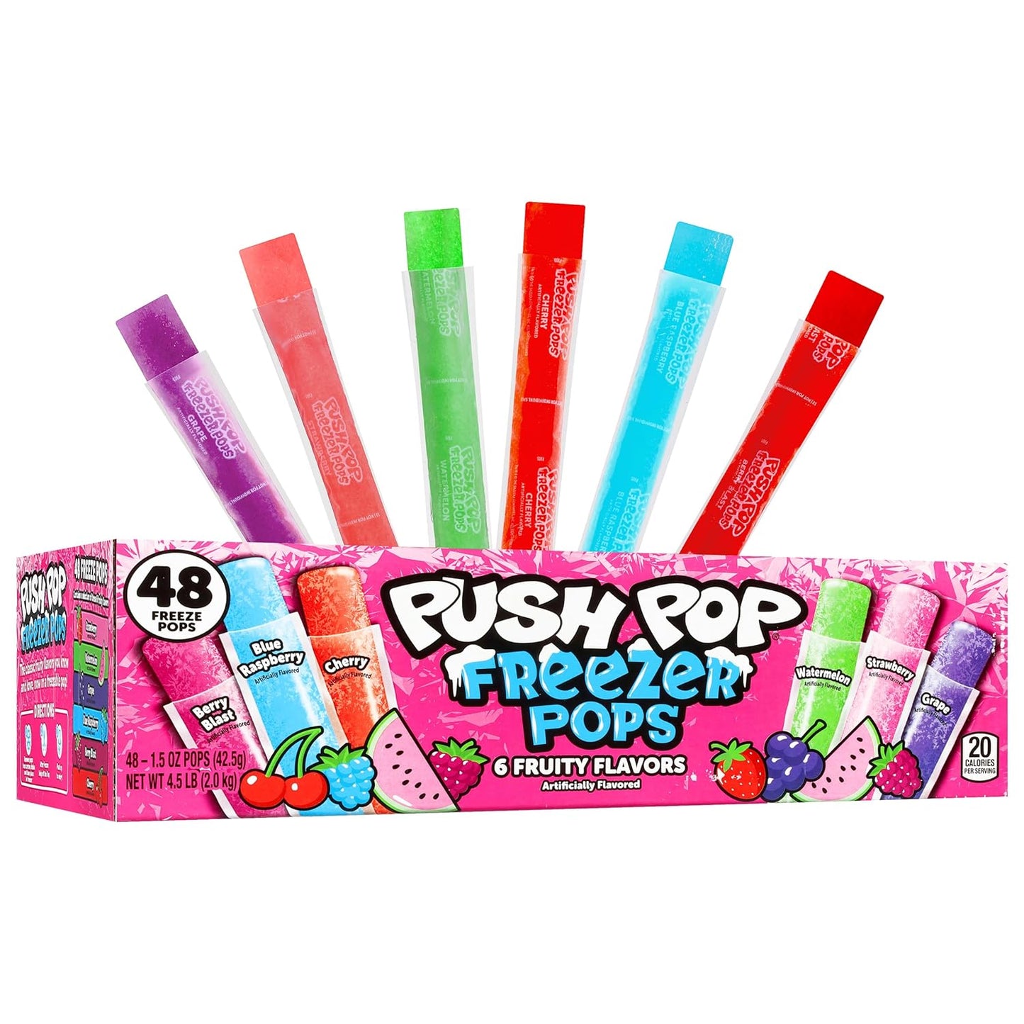 Push Pop Freezer Pops - Ice Popsicles  Variety Pack - 6 Classic Fruity Flavors - Ice Pops for Summer - 48 Count