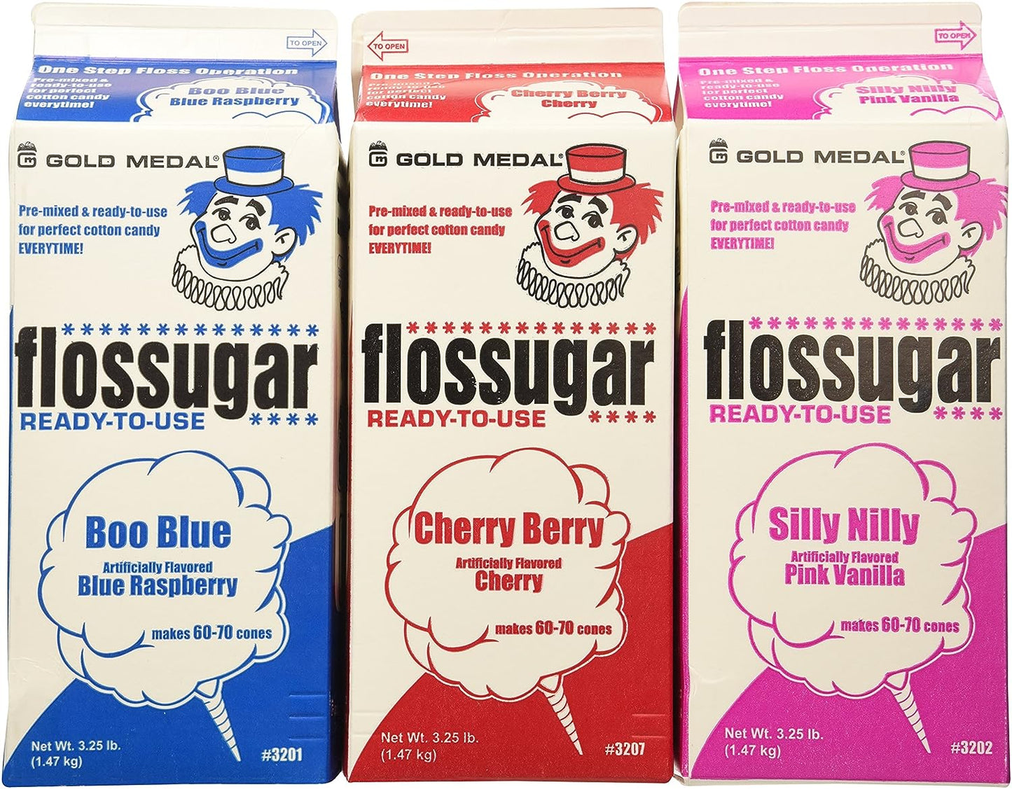 Goldmedal Cotton Candy Floss Sugar-Blue Raspberry, Pink Vanilla & Cherry- 3.25 lbs. (3 pack)