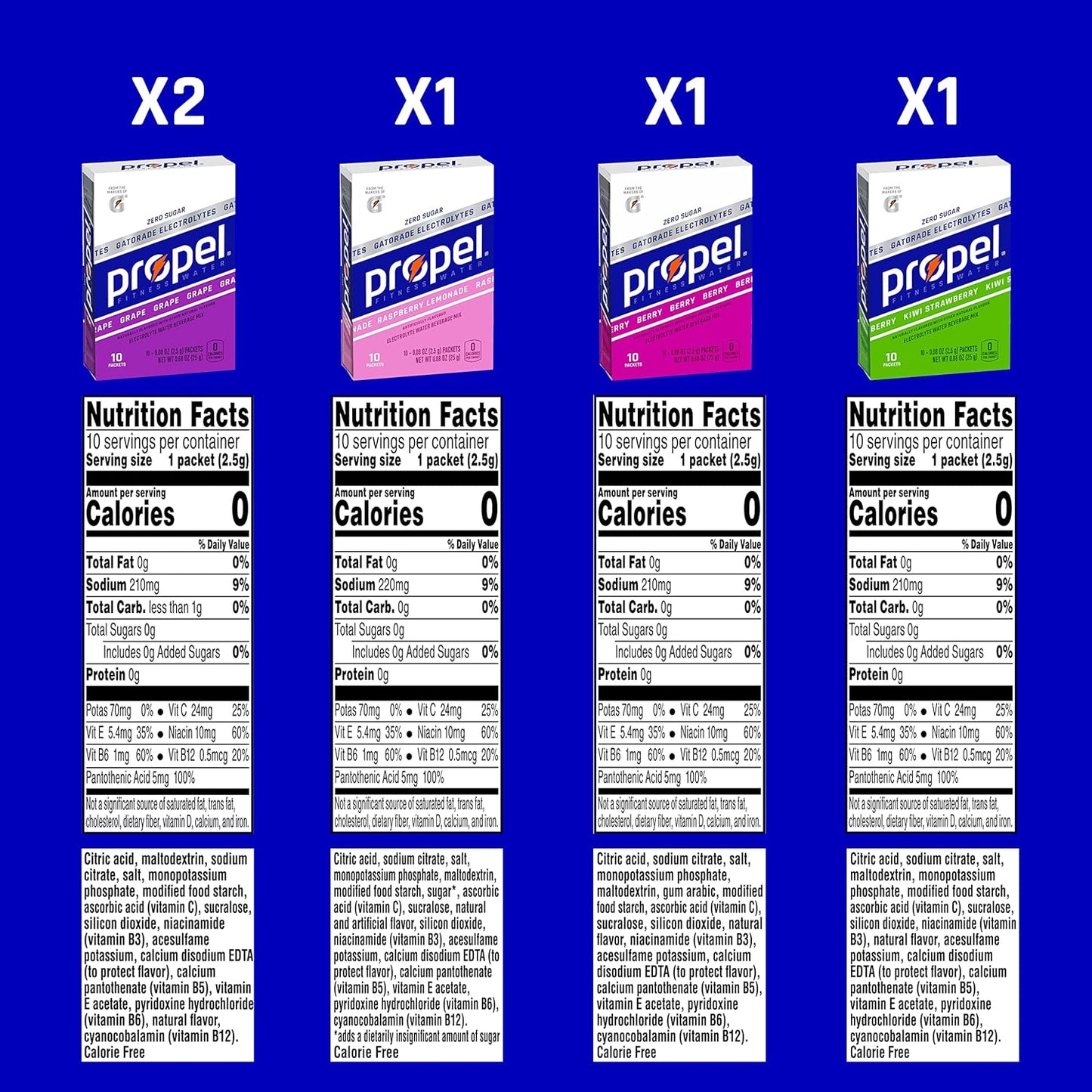 Propel Powder Packets 4 Flavor Variety Pack With Electrolytes, Vitamins and No Sugar 10 Count (Pack of 5)