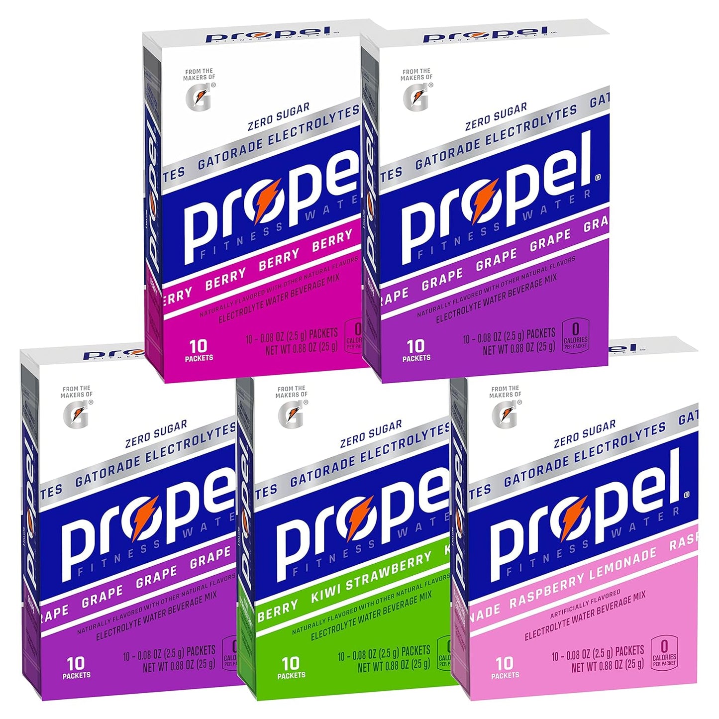 Propel Powder Packets 4 Flavor Variety Pack With Electrolytes, Vitamins and No Sugar 10 Count (Pack of 5)