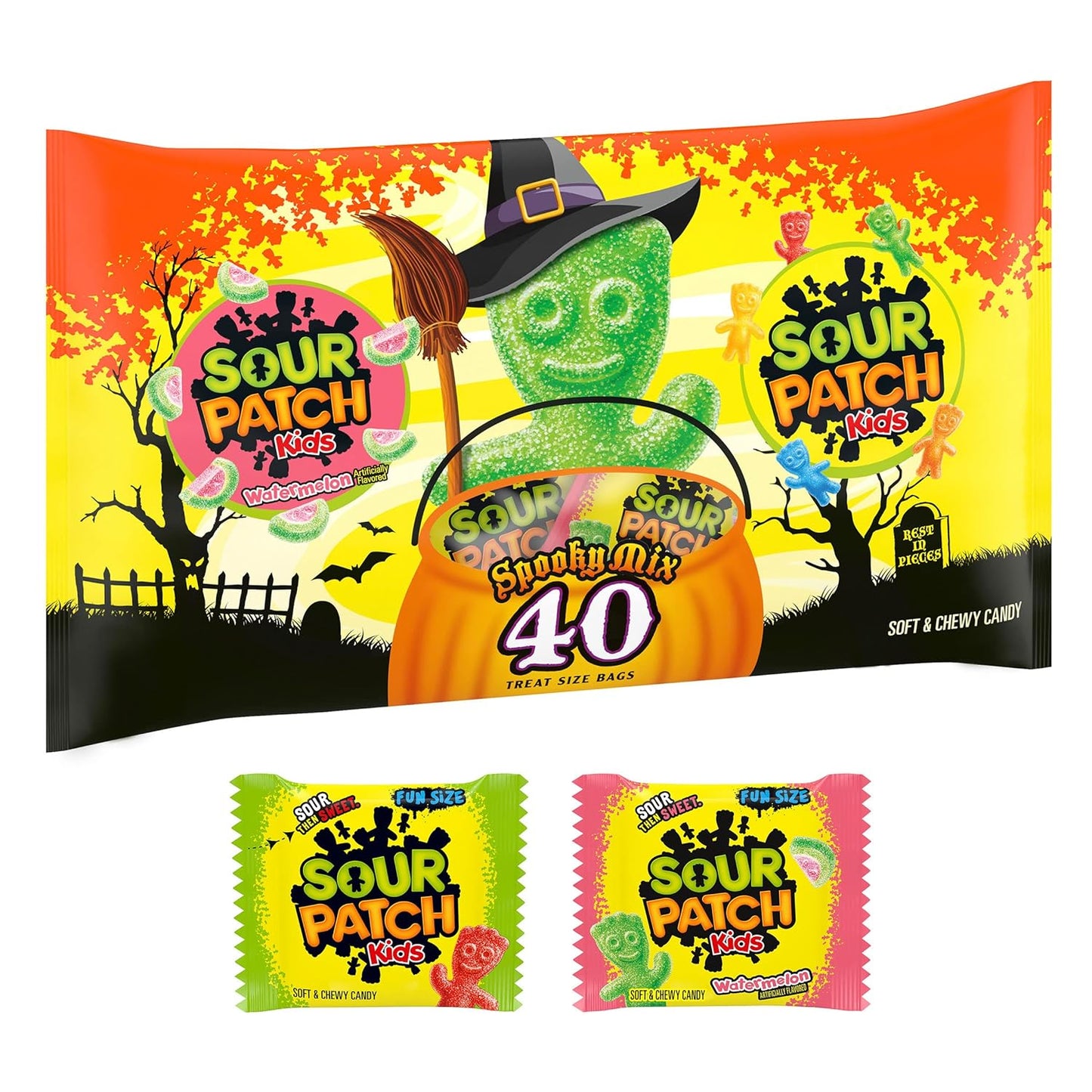 SOUR PATCH KIDS Original & Watermelon Halloween Candy Variety Pack, 40 Trick or Treat Bags