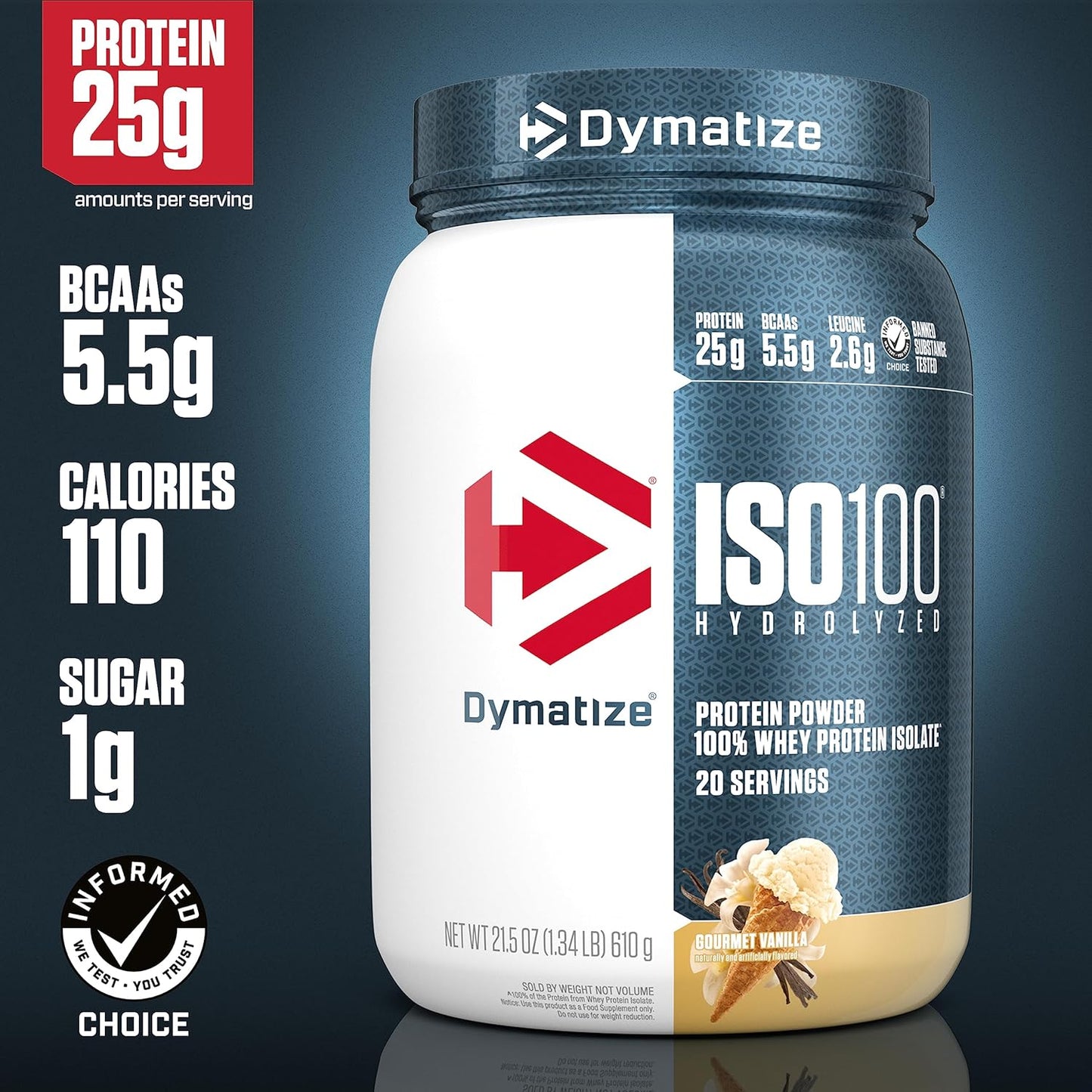 Dymatize ISO100 Hydrolyzed Protein Powder, 100% Whey Isolate Protein, 25g of Protein, 5.5g BCAAs, Gluten Free, Fast Absorbing, Easy Digesting, Gourmet Vanilla, 20 servings