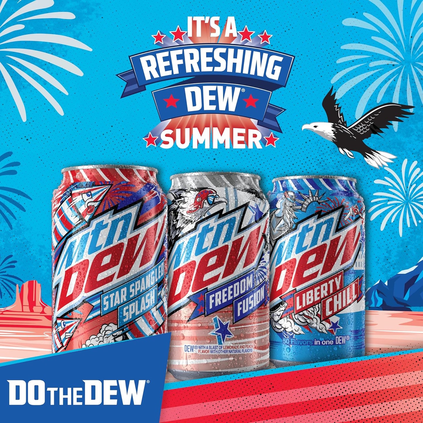 Mountain Dew, Red, White & Blue Summer, 3 Flavor Variety Pack, 12 Fl Oz Cans (Pack of 18)