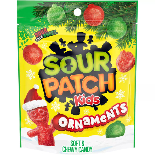 Sour Patch Kids Christmas Red & Green Gummy Ornaments Stand-Up Bag - 10oz