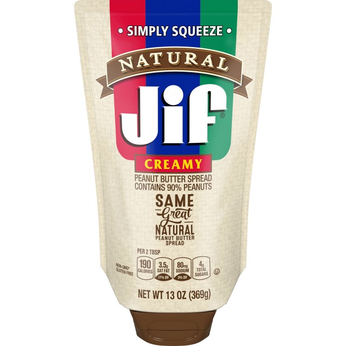 Jif Natural Squeeze Creamy Peanut Butter Spread, 13 oz. – Smooth, Creamy Texture, Portable Peanut Butter Spread Pouch