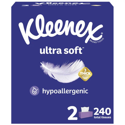 Kleenex Ultra Soft Facial Tissues, 2 Boxes, 120 Tissues per Box, 3-Ply
