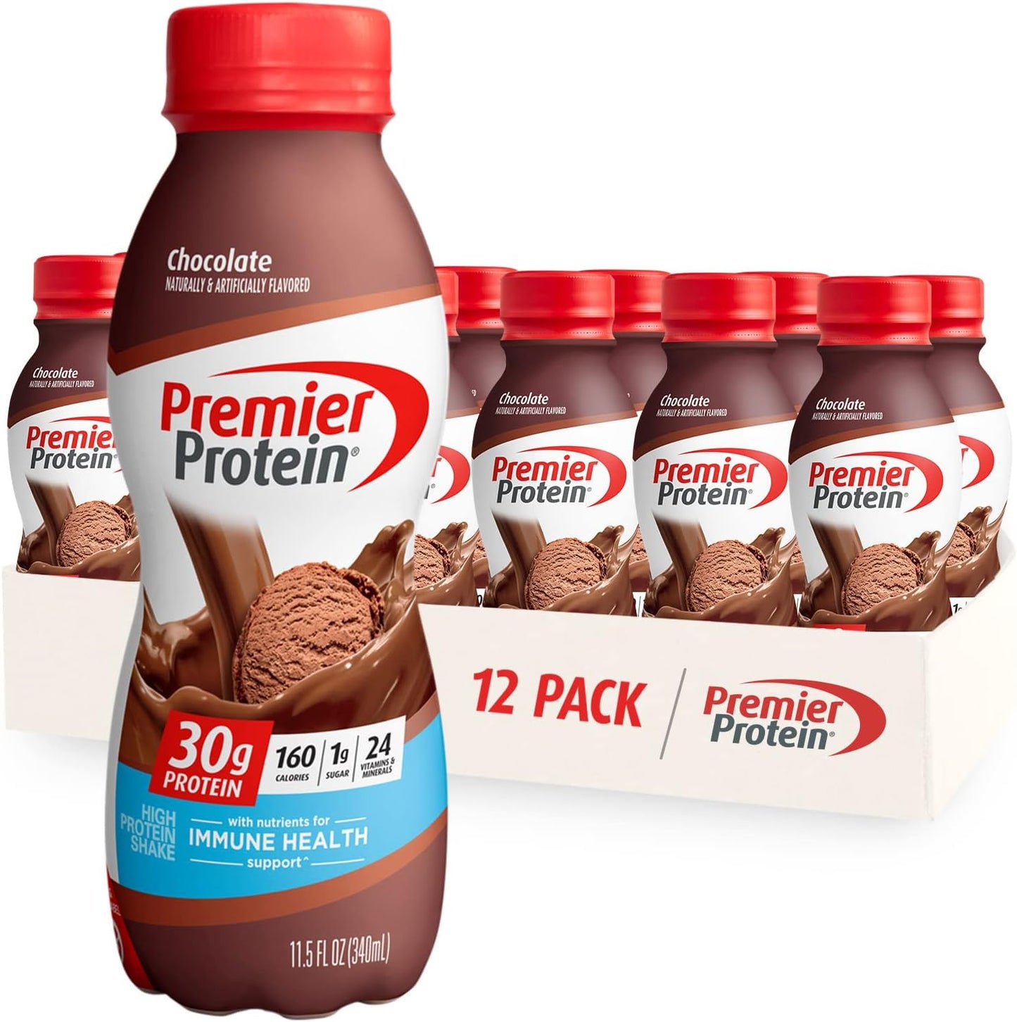 Premier Protein Shake 30g Protein 1g Sugar 24 Vitamins Minerals Nutrients to Support Immune Health, Chocolate, 11.5 Fl Oz (Pack of 12)