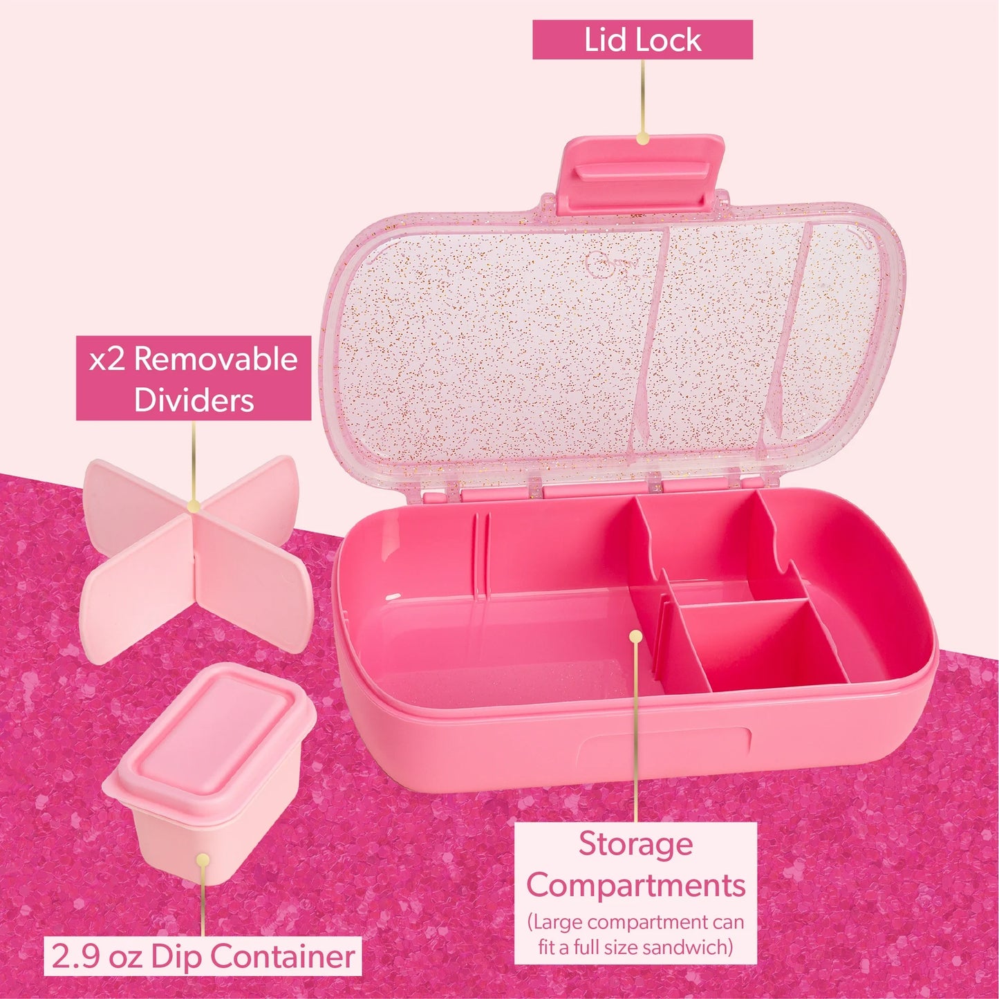 Paris Hilton Plastic Bento Box - Glitter Infused Lid, Customizable Compartments, Pink Lunch Box - ULTRA RARE