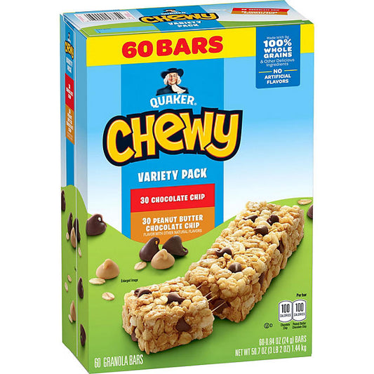 Quaker Chewy Granola Bars Variety Pack, Chocolate Chip and Peanut Butter Chocolate Chip 60 count - NEW