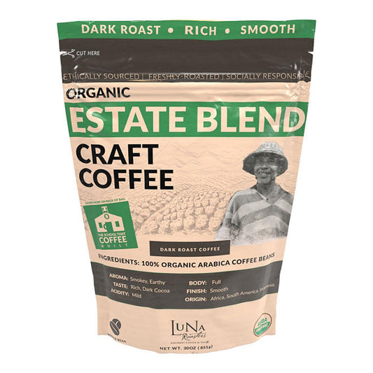 Luna Roasters Organic Estate Blend Craft Whole Bean Coffee, Dark Roast 30 oz.